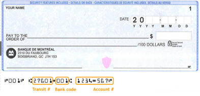 Cheque example highlighting the transit number, bank code and account number.